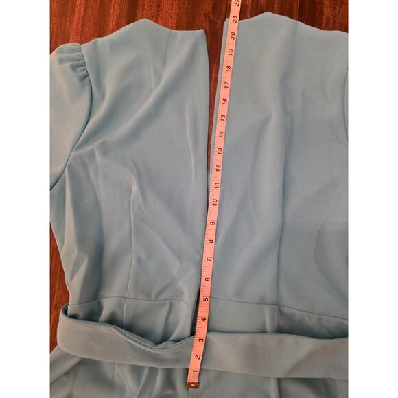 London Times Dress Size 16 Blue Atoll Faux Wrap Belted Puff Sleeve Knee Length - Picture 2 of 9